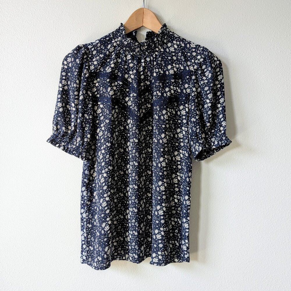 LOFT Floral Mock Neck Blouse in Blue with Lace Detailing size XS